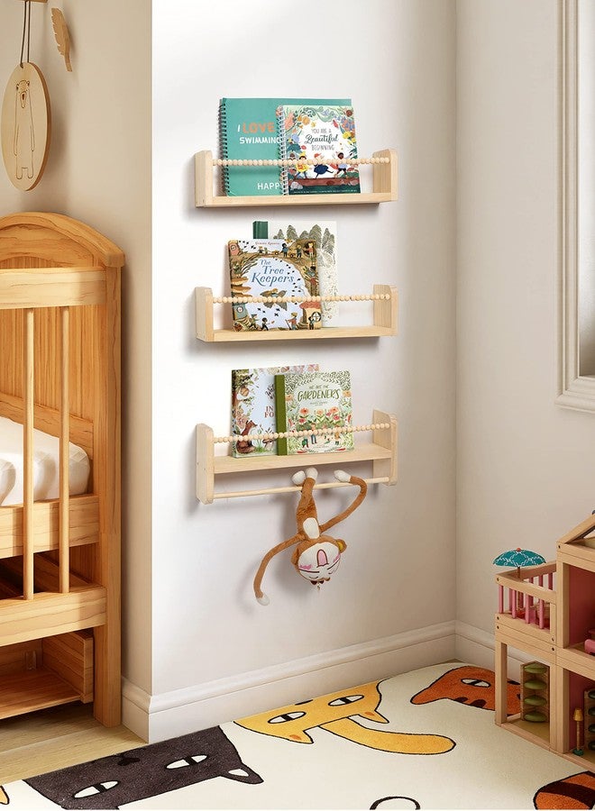 Maxpeuvon Nursery Floating Shelves for Wall, Set of 3 Book Shelves Natural Wood Wall Mounted Organizer with Towel Bar Hanging Bookshelves Nursery Decor for Kids Room, Bedroom and Kitchen - Image 2